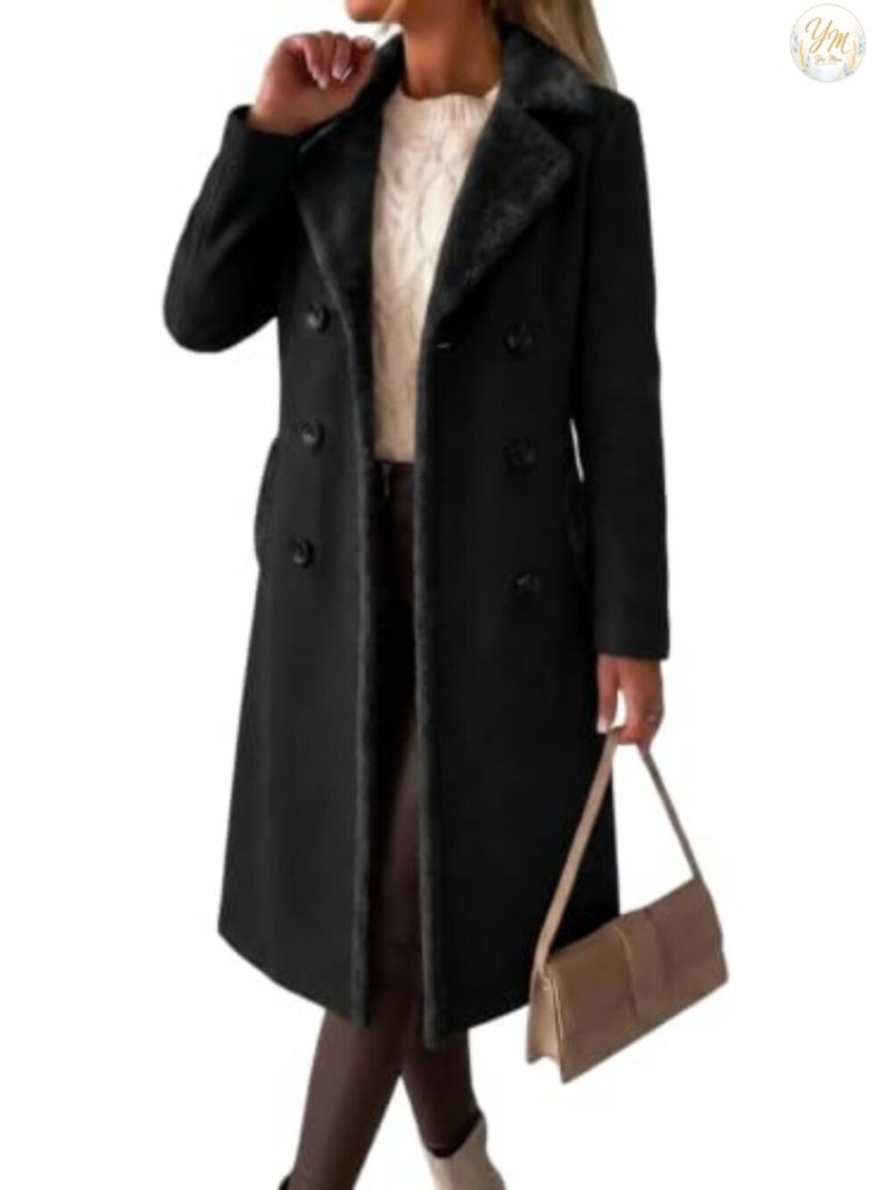 Wool Blend Double Breasted Long Peacoat Women's Notch Lapel Trench Coat